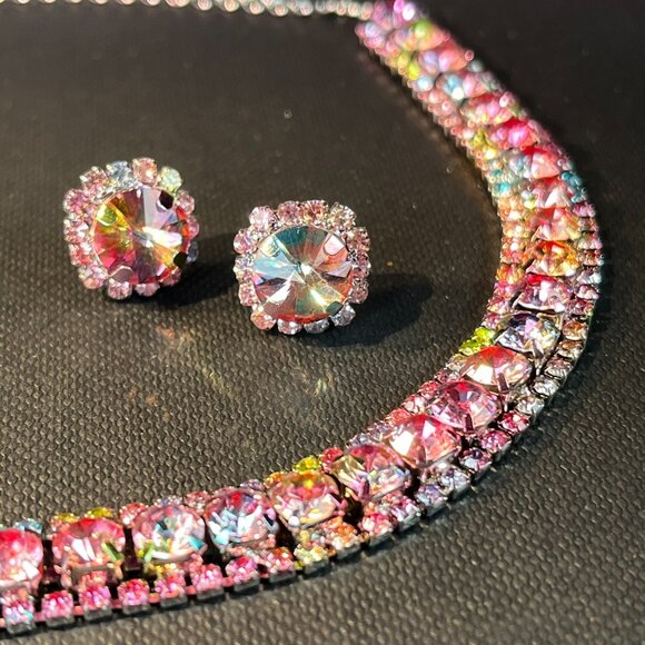 Choker Necklace Earrings Jewelry Set Zirconia Spark Multi color with Gift Box - Picture 3 of 7